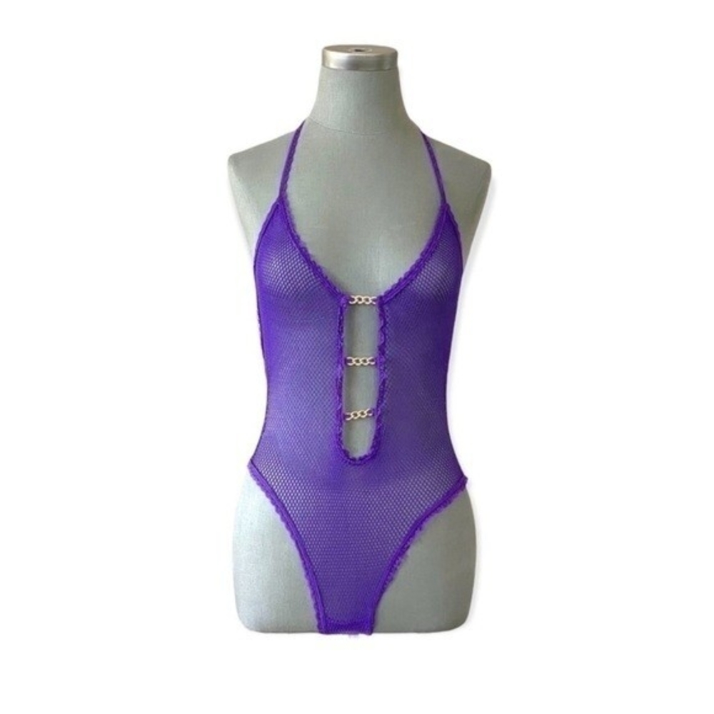 Seduction Sexy Lace Boudoir Bodysuit Purple Gold Chain Accent XS-M Stretchy NWOT - Picture 4 of 5